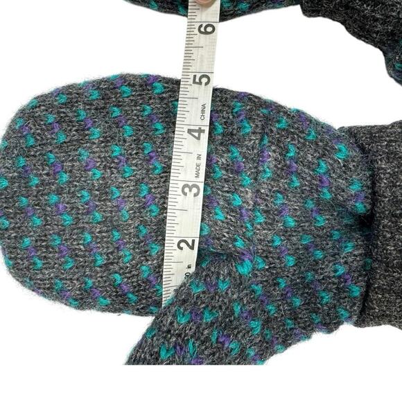 Fleece lined wool mittens, gray/ aquamarine blue combination winter mittens M/L - Picture 7 of 10